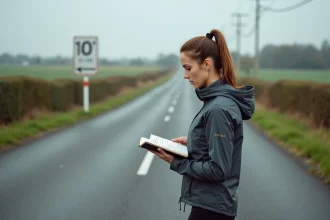 Coureuse consultant ses notes de conversion miles-kilomètres au bord d'une route rurale avec un marqueur de distance