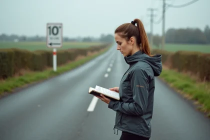Coureuse consultant ses notes de conversion miles-kilomètres au bord d'une route rurale avec un marqueur de distance