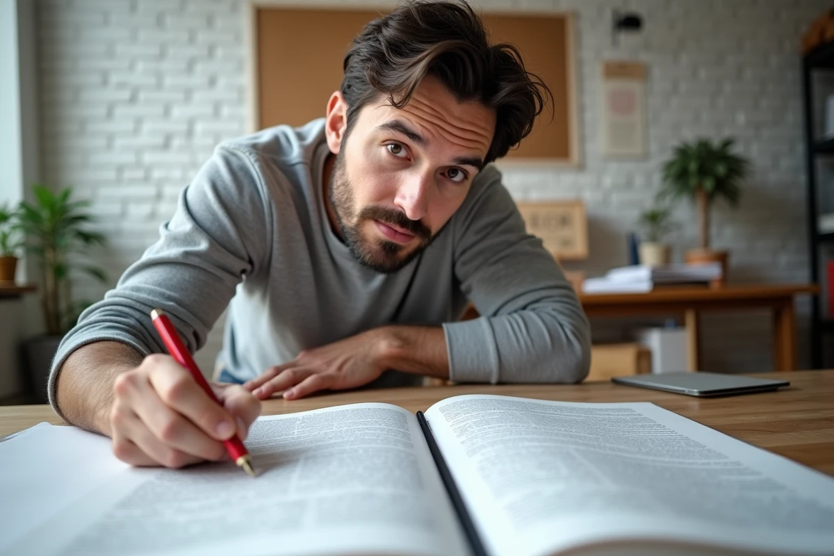 Homme révisant la mise en page de son livre personnel avec un stylo correcteur sur des épreuves imprimées disposées sur une grande table de travail