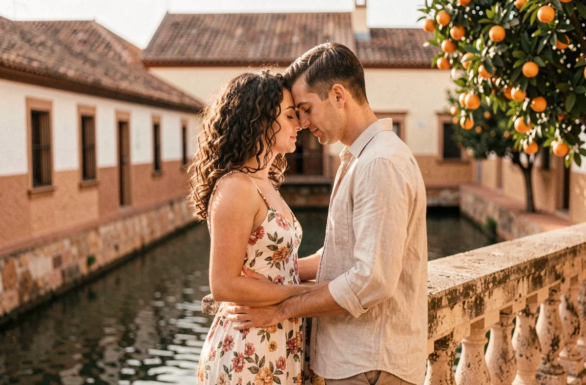 Couple amoureux se murmurant des mots doux en espagnol sur un pont historique à Séville lors d'un voyage romantique en Espagne