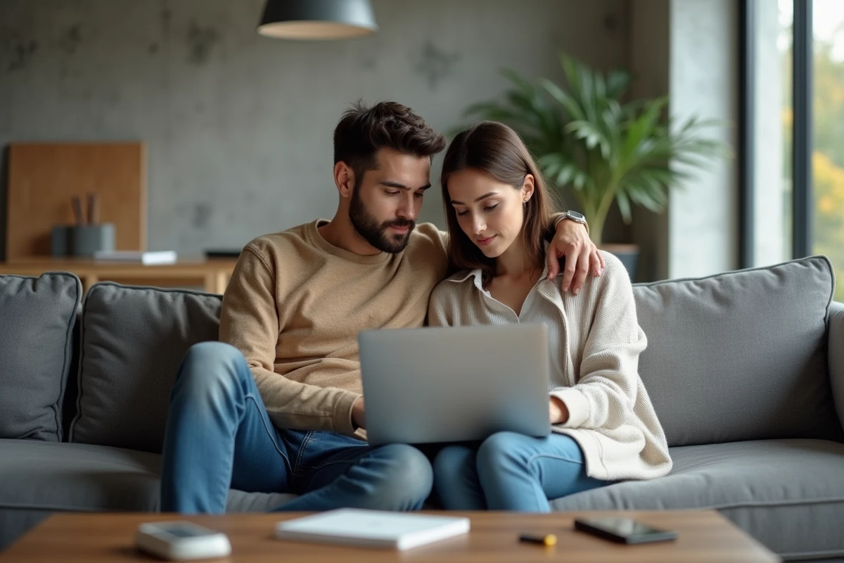 Couple assis ensemble dans un appartement moderne regardant un écran, symbolisant la gestion de la vie privée face aux médias