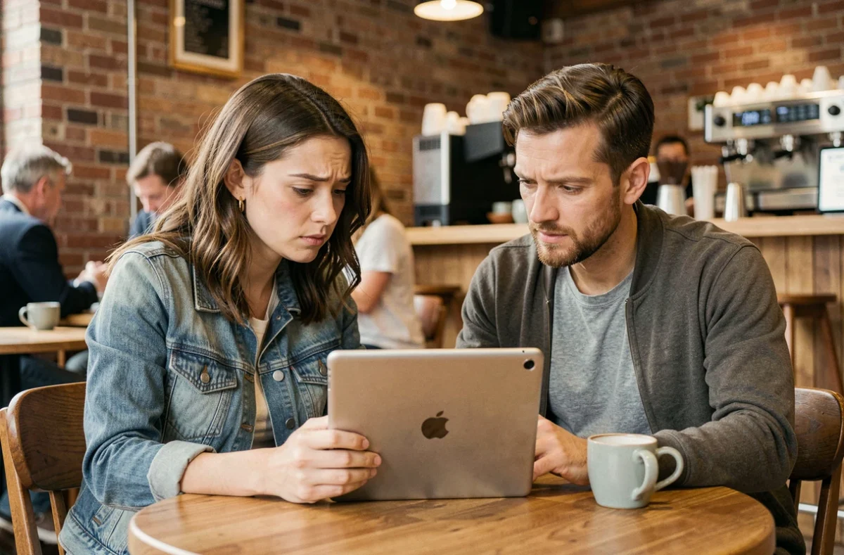 Deux personnes dans un café discutant ensemble d'une application sur une tablette avec une expression intriguée