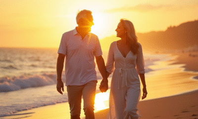 Couple mature marchant sur la plage au coucher du soleil