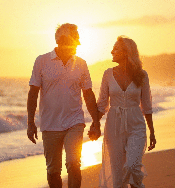 Couple mature marchant sur la plage au coucher du soleil
