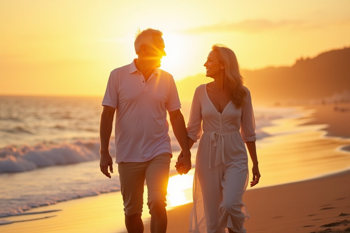 Couple mature marchant sur la plage au coucher du soleil