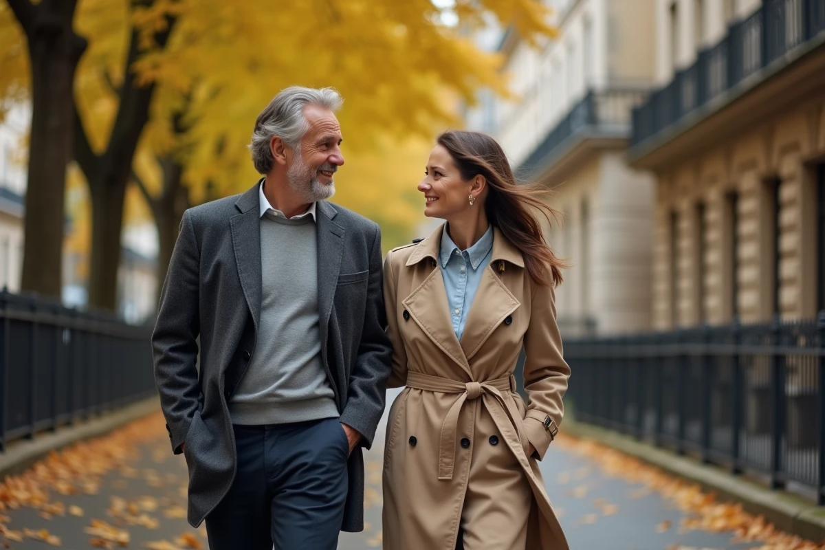 Couple se promenant sur un boulevard parisien en automne, évoquant la complicité et l'équilibre dans la vie d'un journaliste connu