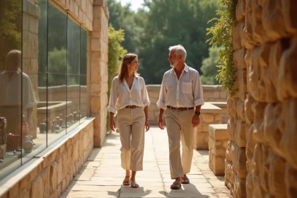 Couple explorant les ruines gallo-romaines et les artefacts archéologiques du musée d'Éauze dans le Gers