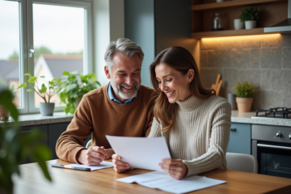 Couple souriant examinant des documents de prêt immobilier