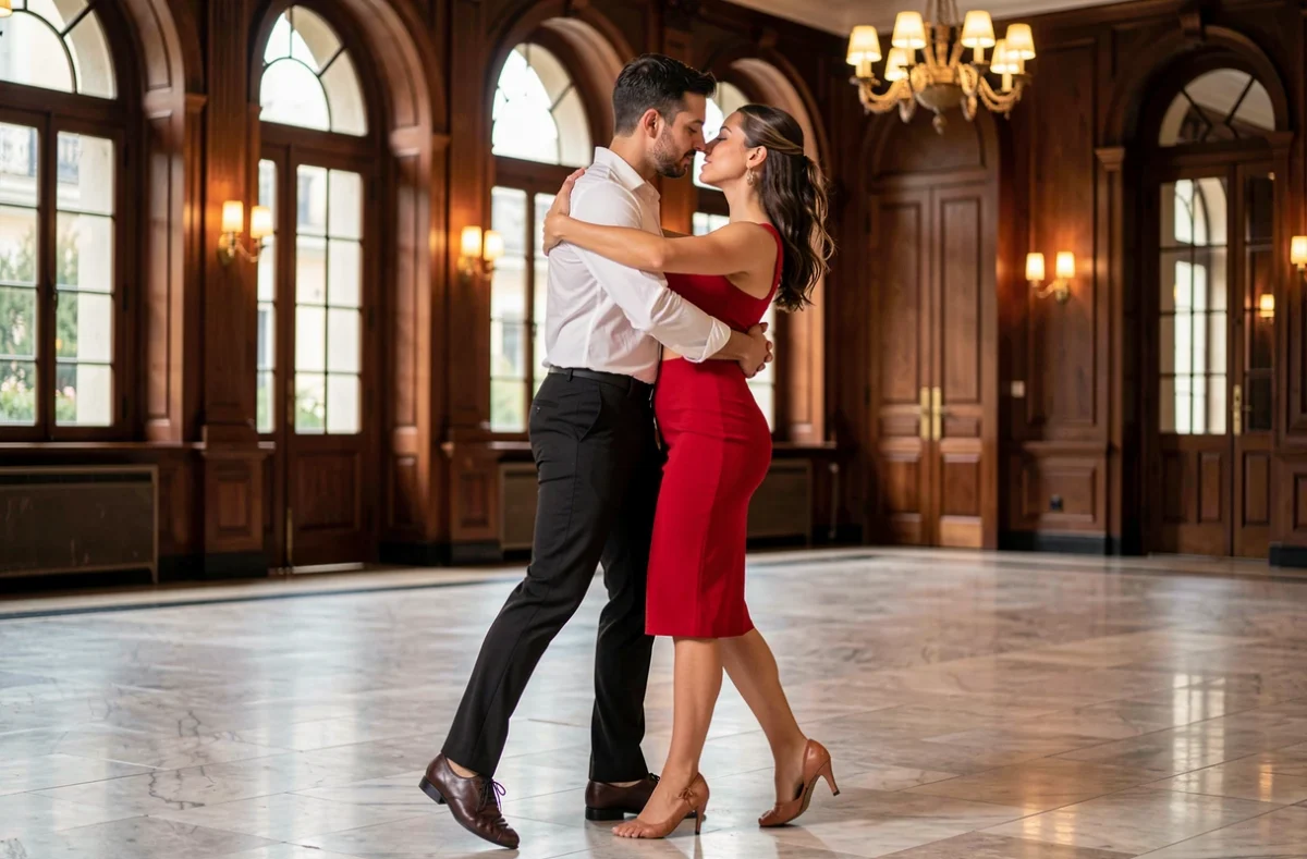 Couple de danseurs de tango argentin en embrace classique dans une salle de bal ornée, tenue élégante noire et rouge