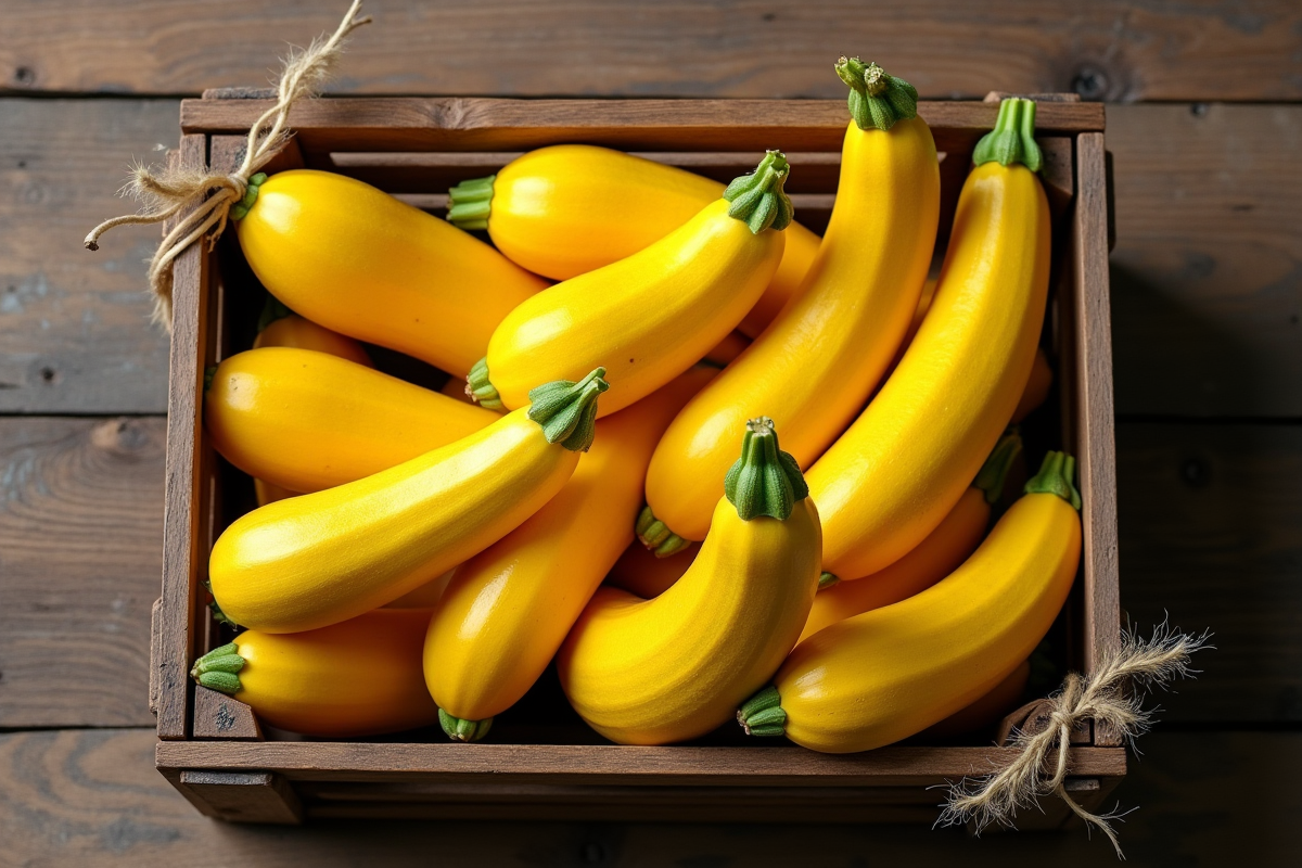 Courgettes jaunes fraichement récoltées dans une caisse en bois
