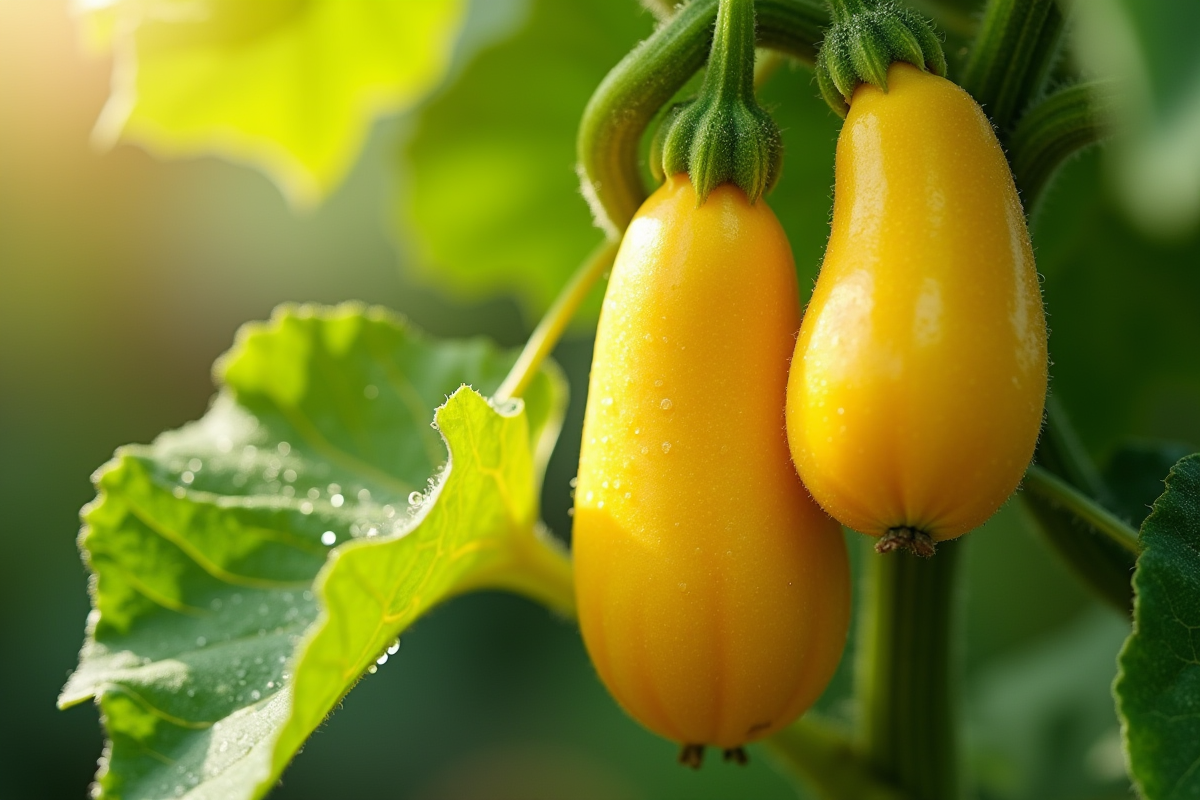 Courgettes jaunes en croissance dans un jardin ensoleille