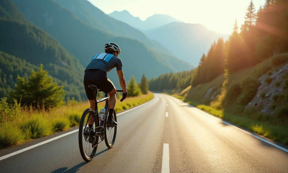 Cycliste en pleine montée sur une route en montagne avec le Plateau de Beille en arrière-plan