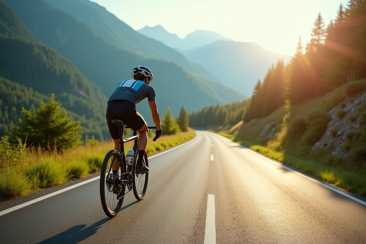 Cycliste en pleine montée sur une route en montagne avec le Plateau de Beille en arrière-plan