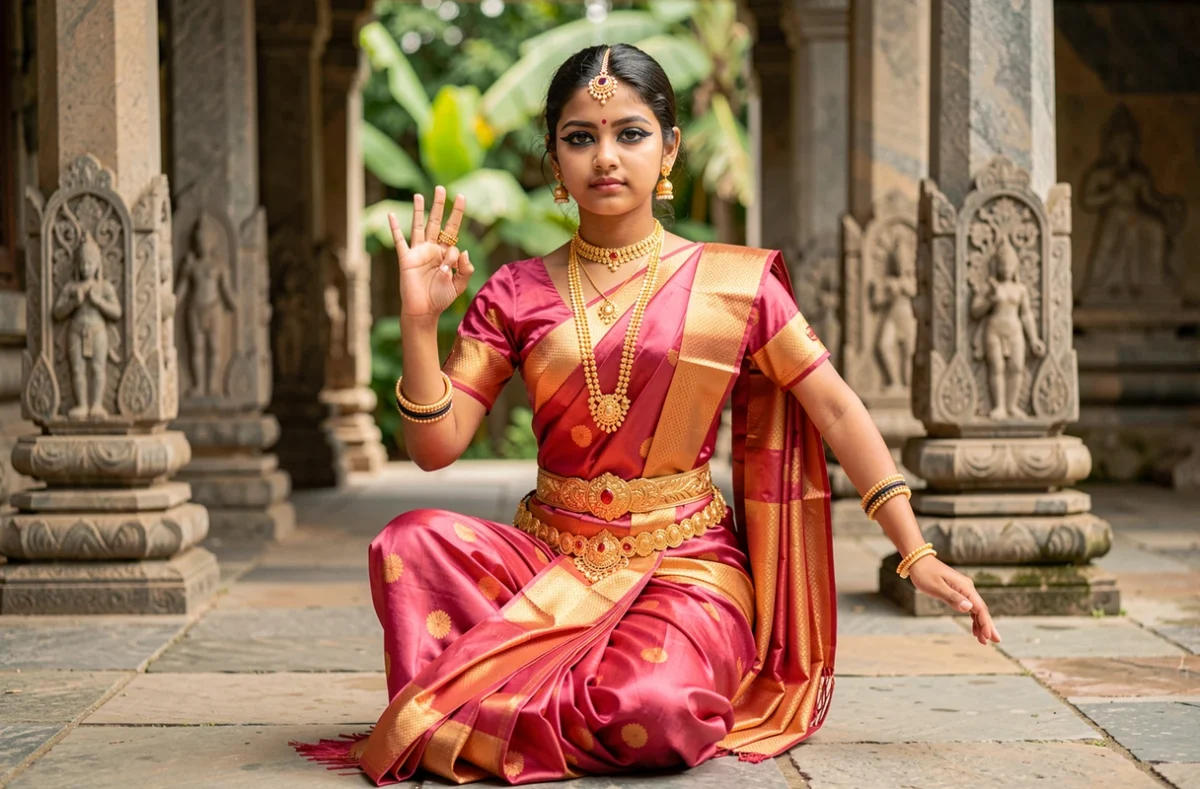 Jeune danseuse de Bharatanatyam en costume traditionnel rose et or, mudra précis dans une cour de temple en pierre