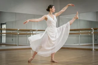 Danseuse contemporaine en mouvement dans un studio de danse avec parquet en bois et miroirs, costume blanc fluide