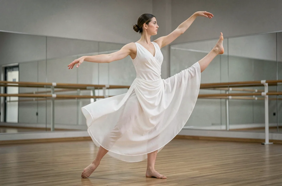 Danseuse contemporaine en mouvement dans un studio de danse avec parquet en bois et miroirs, costume blanc fluide
