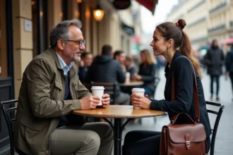 Homme et femme discutant dans un café parisien