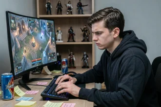 Jeune joueur débutant concentré devant son écran de jeu Aeonscope, faisant face aux erreurs classiques des novices