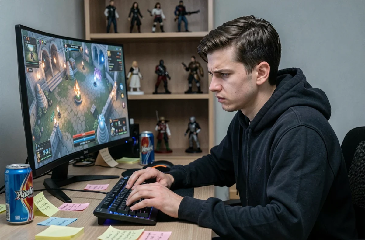 Jeune joueur débutant concentré devant son écran de jeu Aeonscope, faisant face aux erreurs classiques des novices