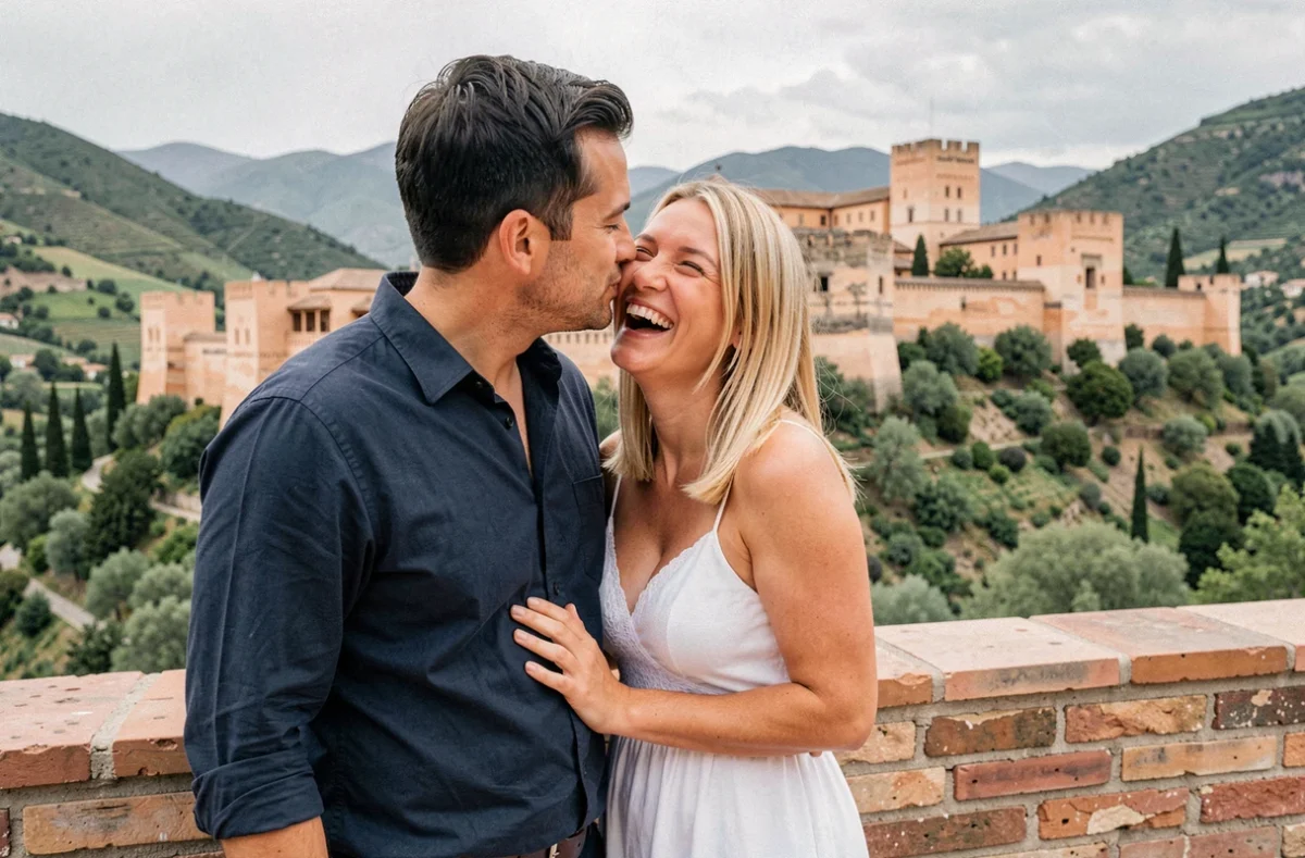 Couple riant et échangeant des déclarations d'amour en espagnol devant le palais de l'Alhambra à Grenade en Espagne