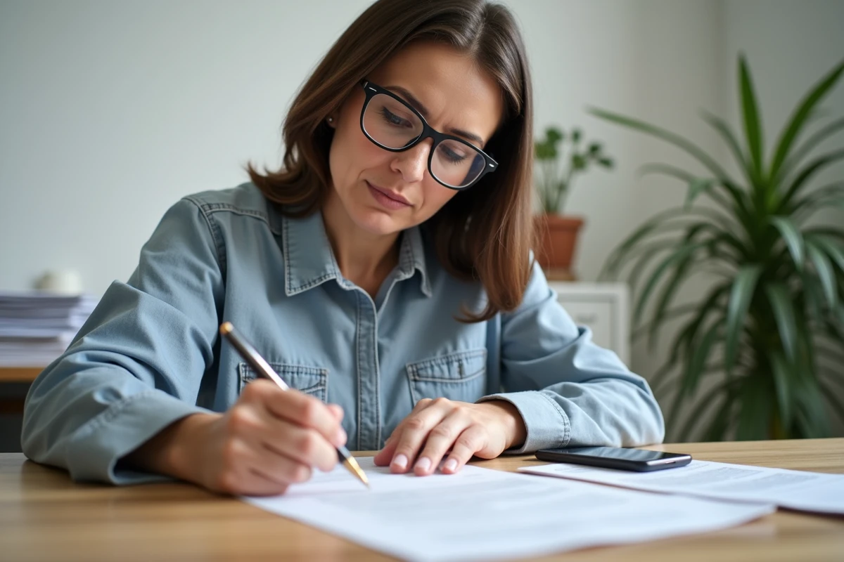 Femme remplissant un formulaire de demande d'aide juridictionnelle à domicile pour une contravention de 5e classe