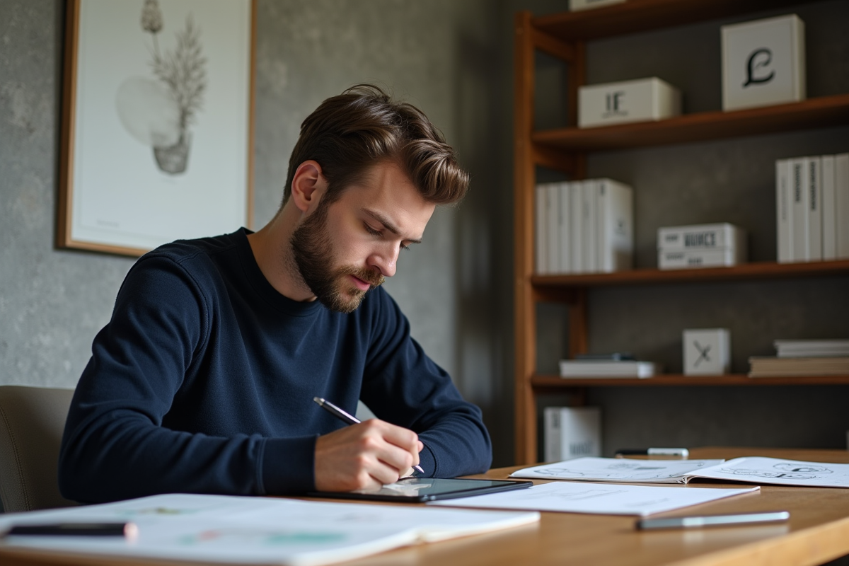 Designer créatif esquissant logo dans son studio chaleureux