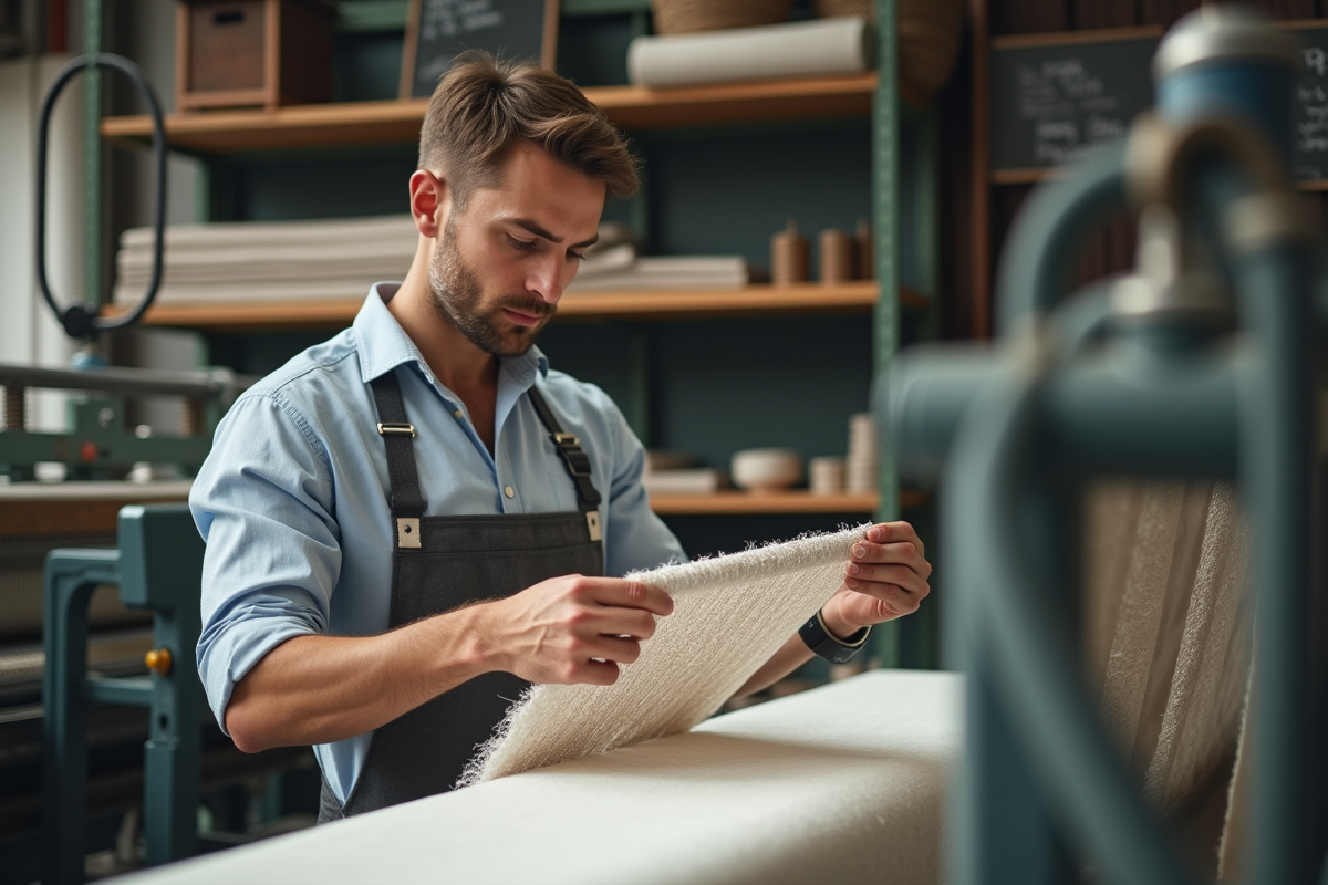 Designer textile examinant un tissu tisse dans un atelier moderne