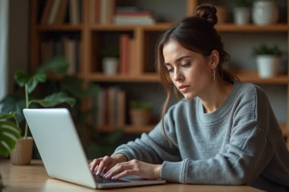 Jeune femme analysant un profil de réseau social sur son ordinateur portable pour détecter un compte automatisé
