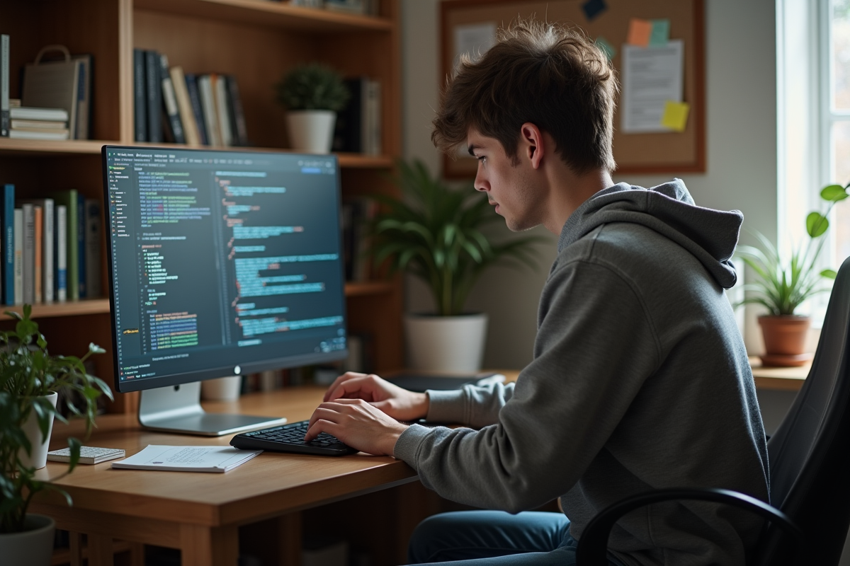 Jeune ingénieur informatique travaillant sur un ordinateur portable blockchain