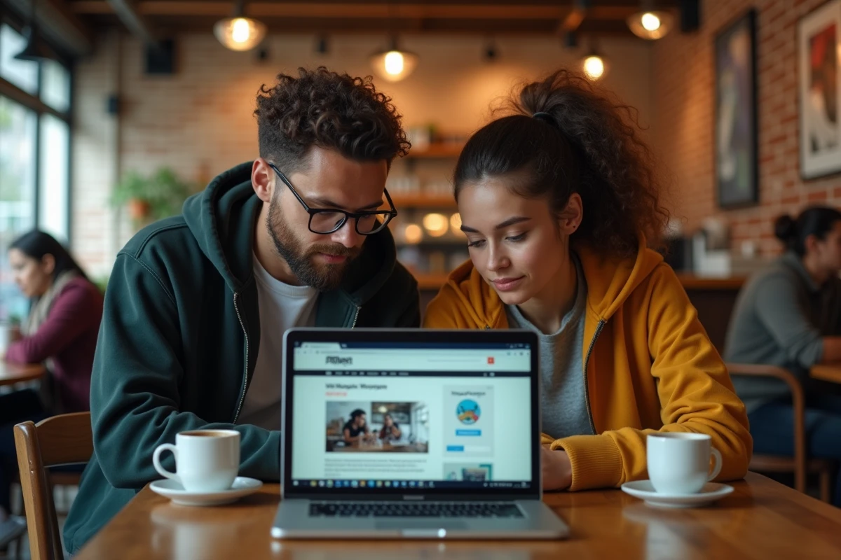 Deux amis discutant de l'utilisation d'un VPN pour accéder à des scans de manga dans un café urbain avec un ordinateur portable ouvert
