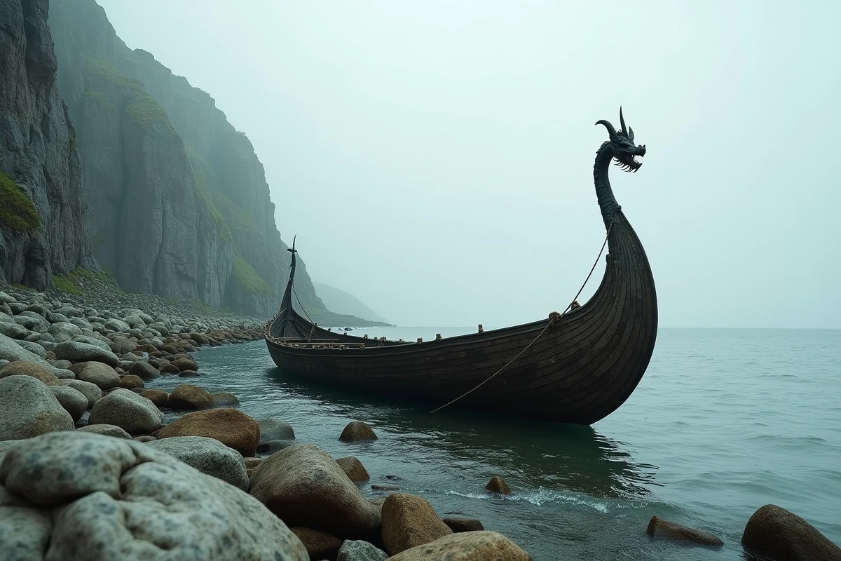 Réplique de drakkar viking amarré sur une côte rocheuse brumeuse, évoquant les raids maritimes des Vikings en Méditerranée