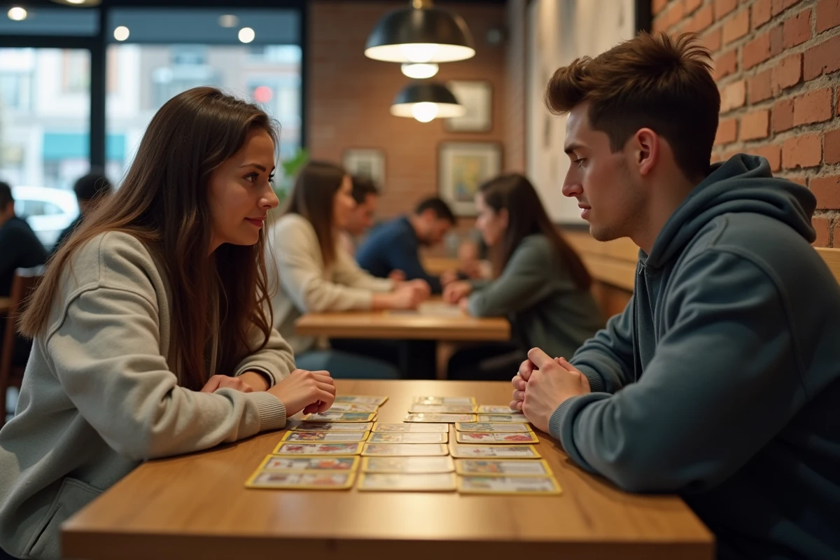Deux joueurs s'affrontent avec des decks Pokémon Pocket sans cartes ultra rares dans un café