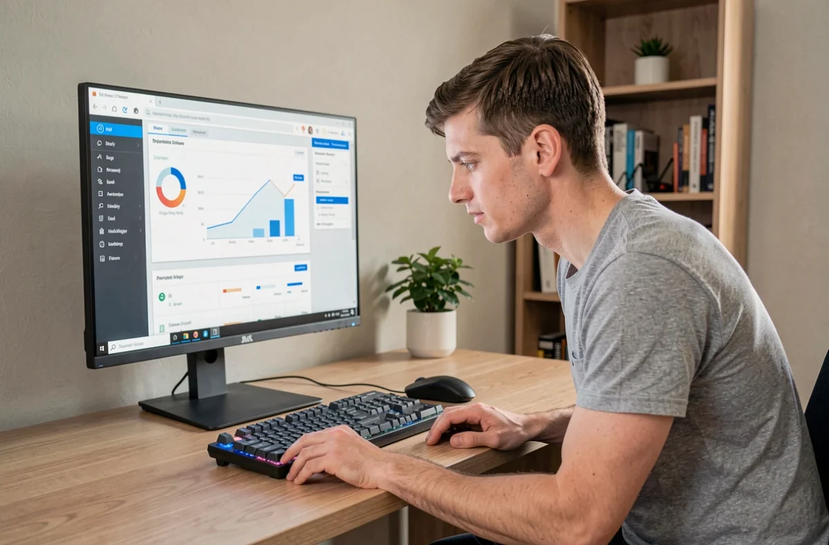 Écran 28 pouces sur bureau moderne avec homme travaillant en home office