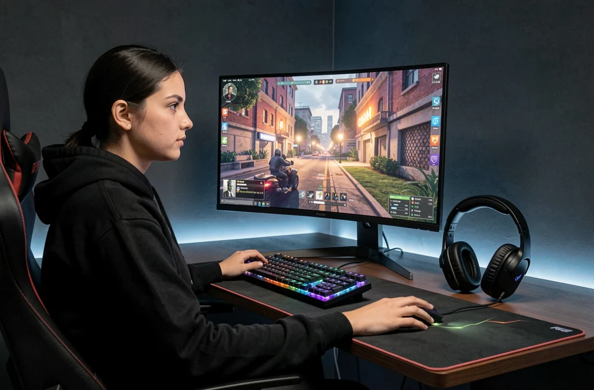 Setup gaming avec écran 28 pouces et joueuse en ambiance bureau gaming