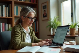 Femme de 40 ans en train d'éditer un livre personnel sur son ordinateur portable dans un bureau à domicile entouré de pages imprimées et de notes