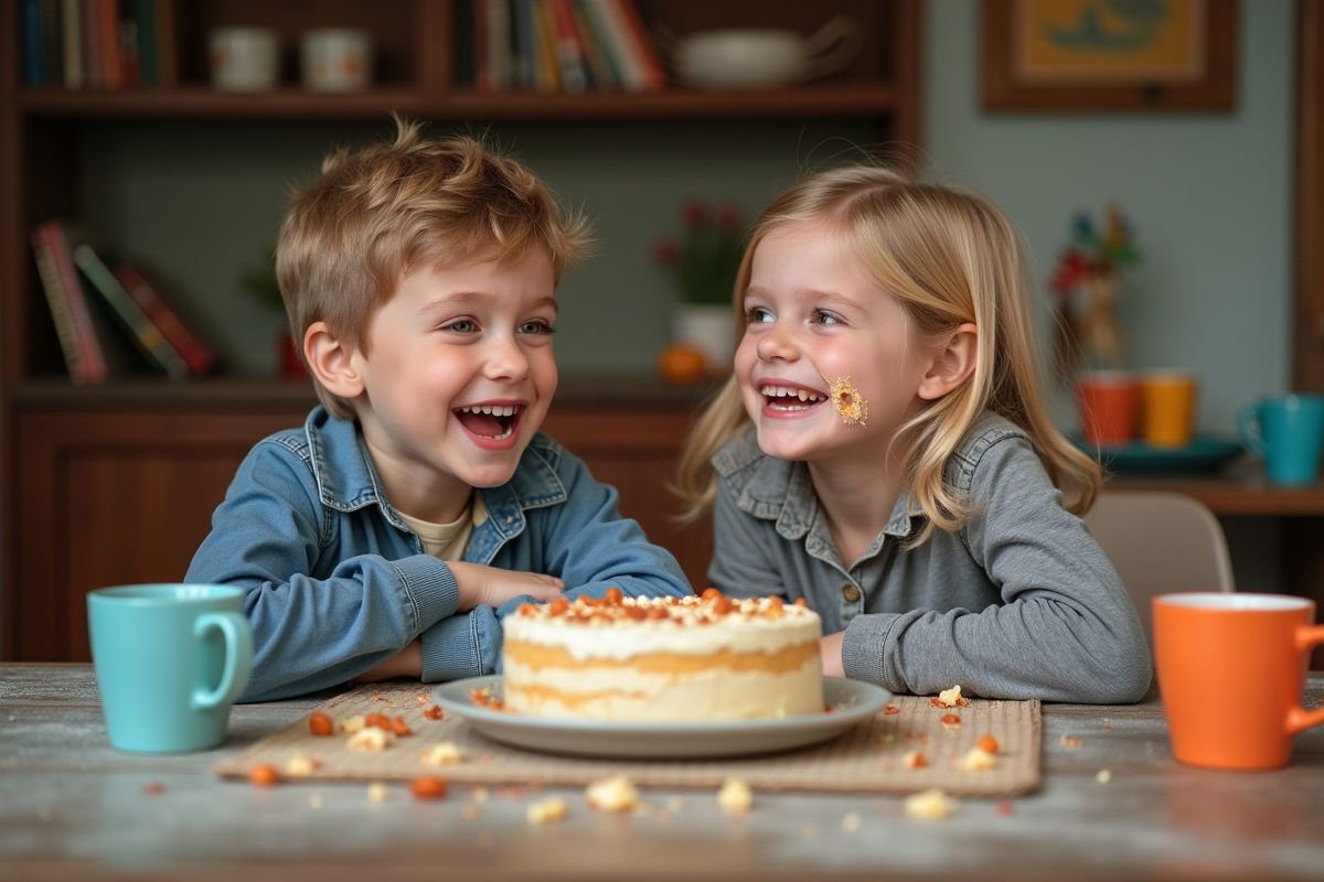 Deux enfants jouent et mangent du gâteau à la table de cuisine