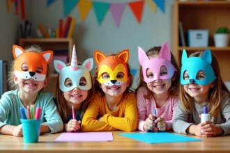 Enfants avec masques de carnaval colorés en classe