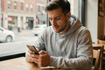 Homme envoyant un SMS anonyme depuis un café à l'étranger avec son smartphone