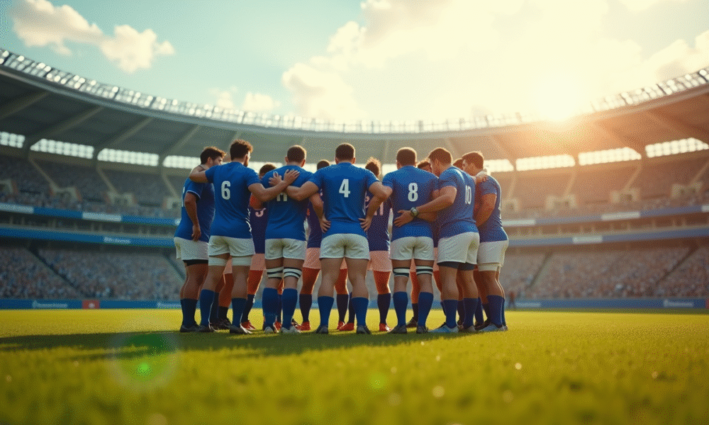 Groupe de joueurs de rugby en maillots bleus et blancs sur le terrain