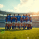 Groupe de joueurs de rugby en maillots bleus et blancs sur le terrain