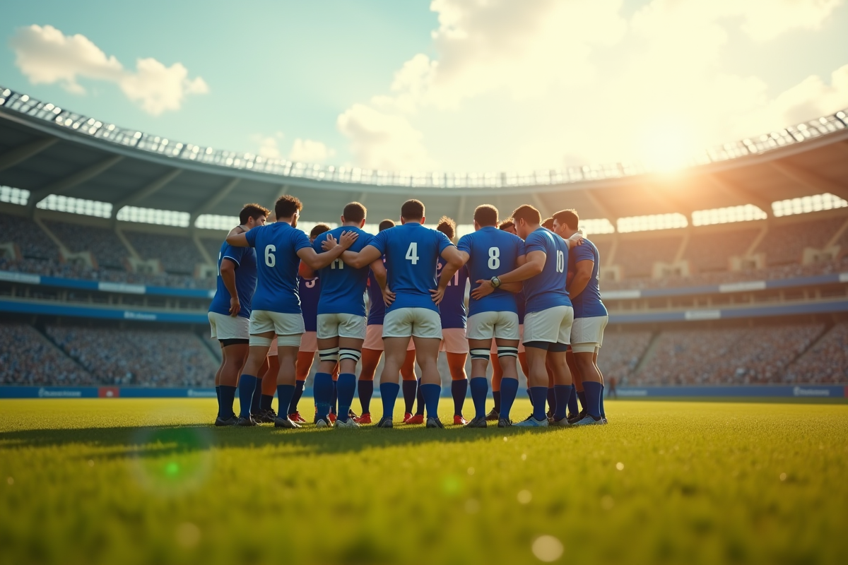 Groupe de joueurs de rugby en maillots bleus et blancs sur le terrain