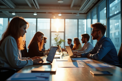 Groupe de travailleurs en open space moderne avec écrans