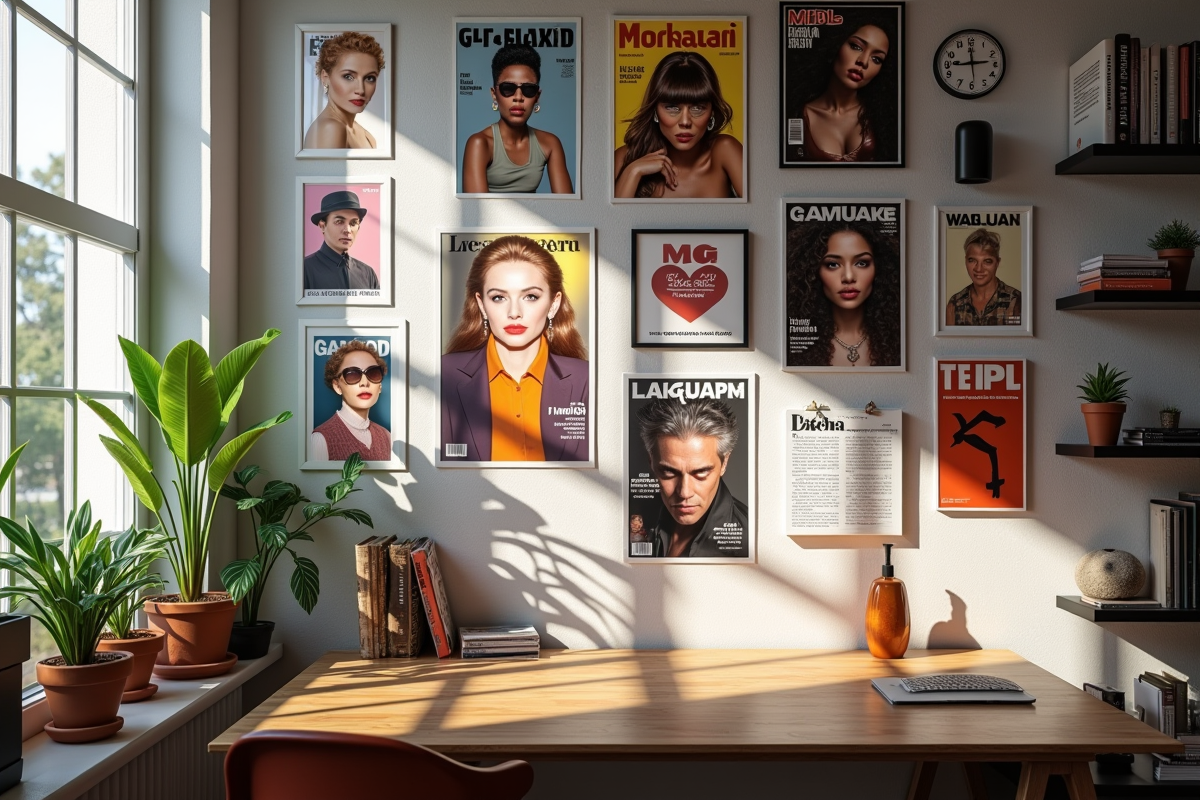 Espace de travail avec affiches de célébrités B en intérieur