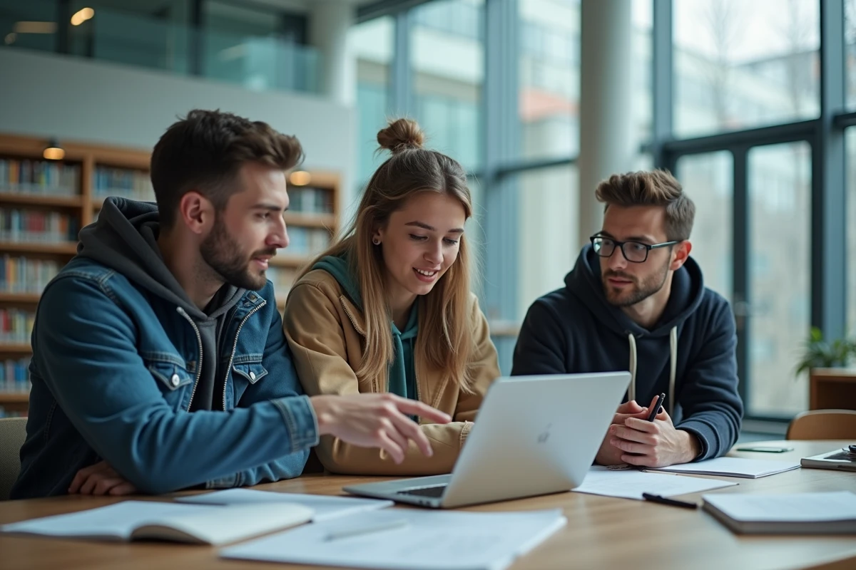 Groupe d'étudiants utilisant ChatGPT gratuitement en collaboration sur un ordinateur portable dans une bibliothèque universitaire