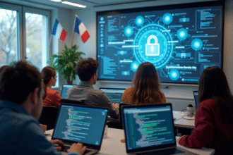 Groupe d'étudiants en informatique collaborant en classe moderne