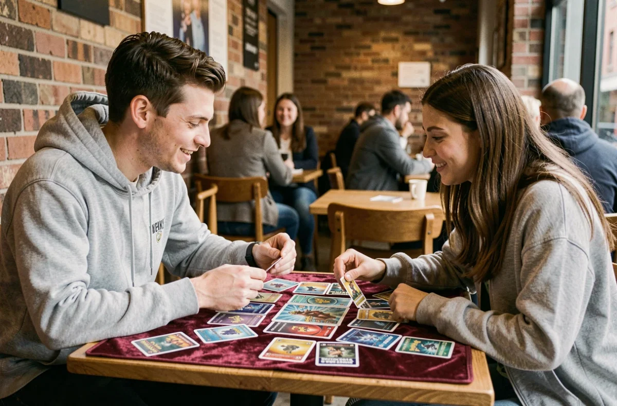 Deux collectionneurs évaluant et comparant des cartes Pokémon rares sur un tapis de jeu dans un café
