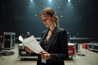 Femme avec accréditation VIP en coulisses d'un concert à Lyon, regardant le programme de l'événement devant la scène