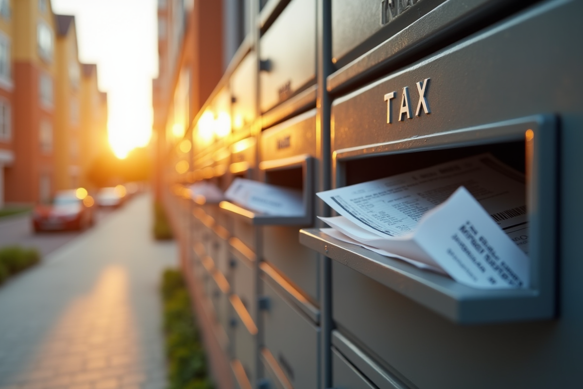 Façade d un immeuble avec boîtes aux lettres et lettres fiscales