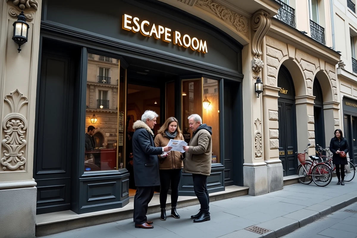 Façade d'une salle d'expérience immersive parisienne avec groupe de visiteurs consultant un programme