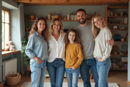 Famille française moderne dans leur salon chaleureux